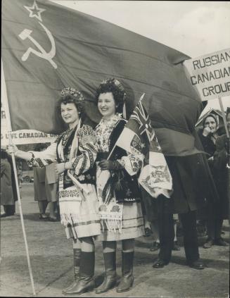 In National costume these pretty young ladies of the Russian-Canadian group took part in the celebrations at Regina