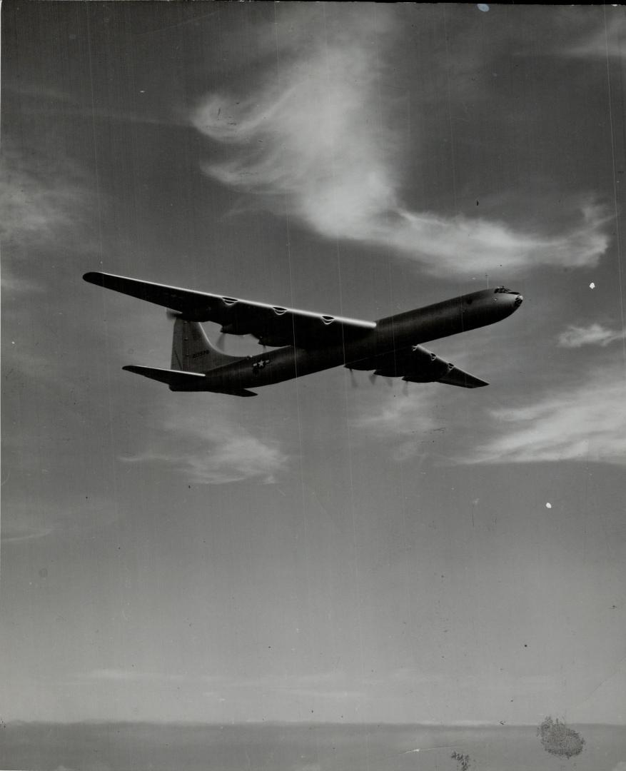 The six-engine B-36 superbomber, now in production at Consolidated Vultee's Forth Worth, division, has a maximum bomb load of 72,000 pounds