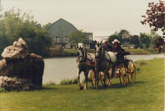 wo Horsepower: Dr. George Cormack and Cynthia Kane ride a up-of-the-century T-cart at Tralee Estate in the Caledon Hills. [Incomplete]