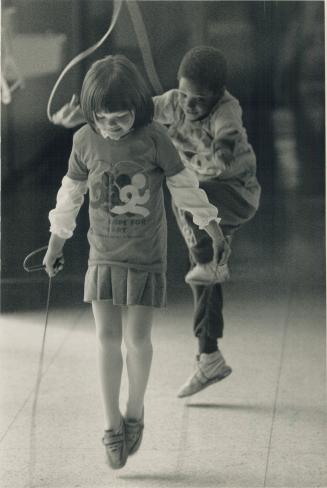 Junior jumpers, Daniel Ashmeade, 6, of Glengrove Public School in Pickering, skips rope for the Ontario Heart and Stroke Foundation with partner, 5-year-old Sarah Coglan