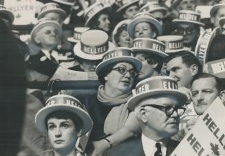 In her Hellyer Hat at the Liberal leadership convention last night, State Judy LaMarsh sits in centre of a bank of Transport Minister Paul Hellyer's s(...)