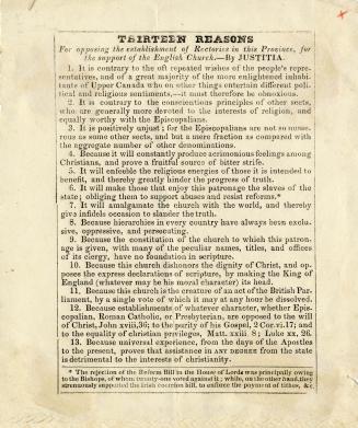 Thirteen reasons for opposing the establishment of rectories in this province for the support of the English church