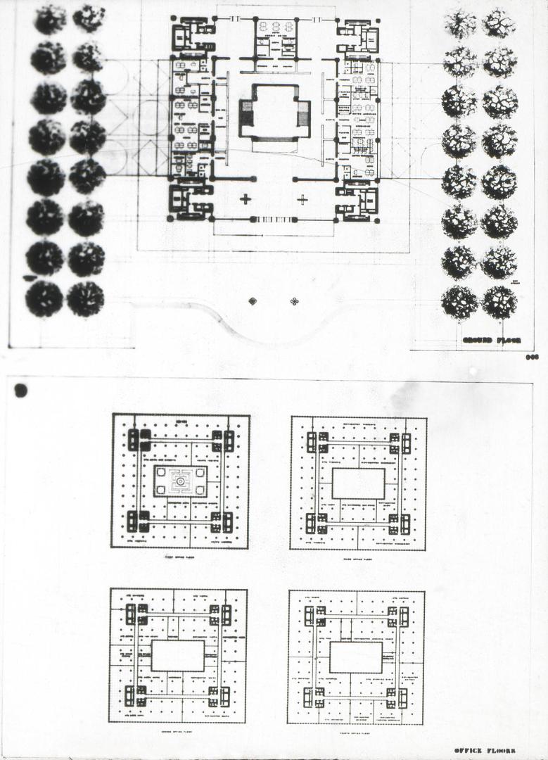 I. M. Pei & Associates entry City Hall and Square Competition, Toronto, 1958, ground floor and office plans