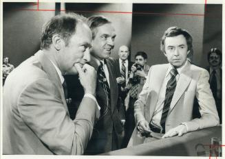 Trudeau, Broadbent and Clark together before the leaders' debate