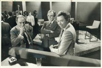 Trudeau, Broadbent and Clark together before the leaders' debate