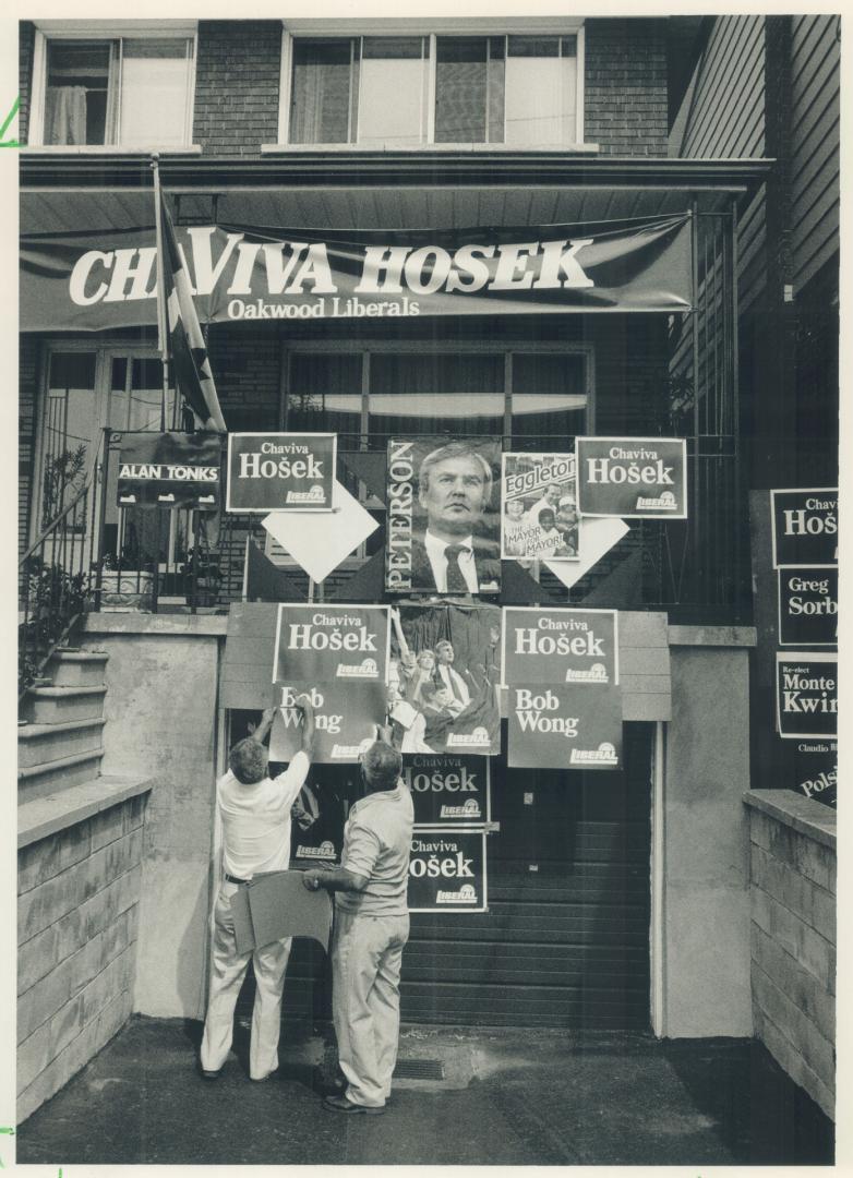 Political front: Joe Foti's house in Oakwood riding is festooned with campaign posters of David Peterson, Liberal Greg Sorbara and Toronto Mayor Art Eggleton, who isn't running in this election