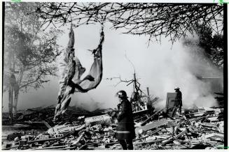 Sifting rubble: A piece of fabric dangling from tree is a forlorn reminder a brick house once stood nearby