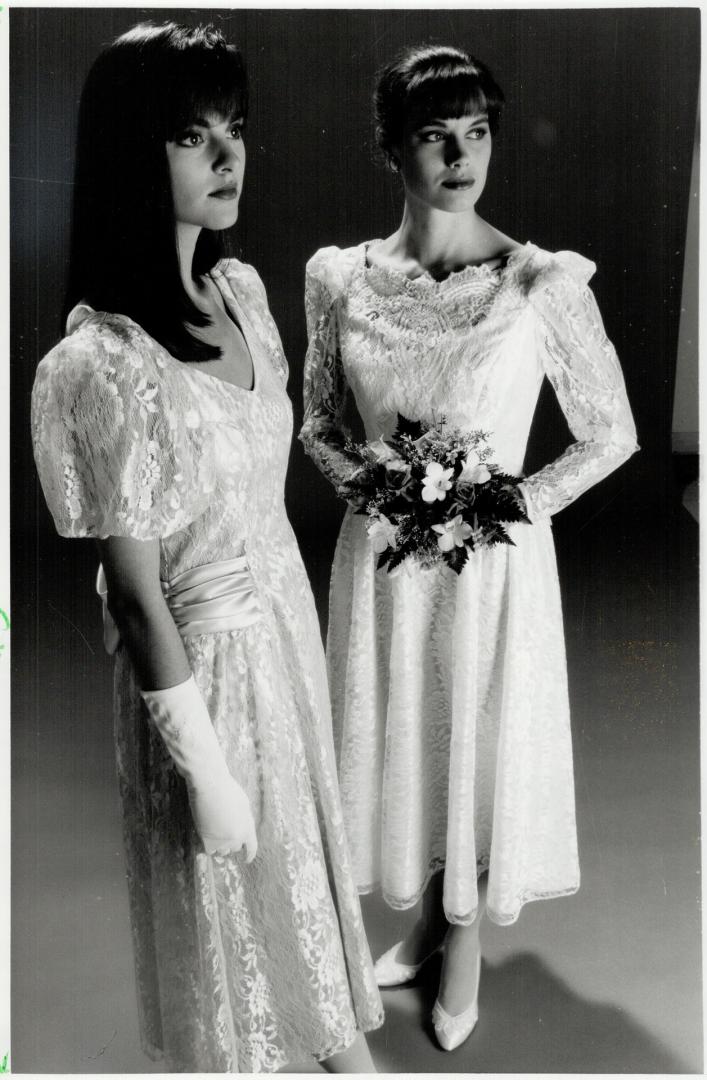 Traditional: Above left, dress, $100, Susan Belyea's Wedding Boutique, above right, dress, $190, Eaton's