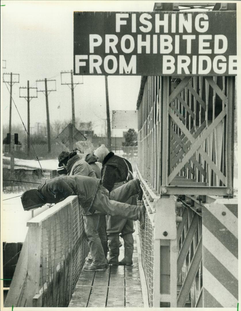 Dangerous perch. These fishermen near the Hearn Generating Station are hoping the fish will ignore the sign, too, while one of their mates takes up a (...)