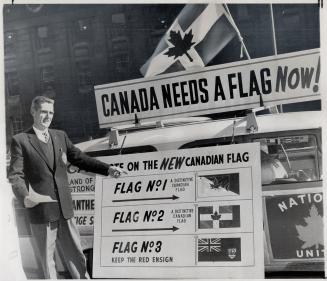 Crusader, John Heysel, 29, of Thorold, has travelled across Canada in his station wagon for five years taking a poll on Canadian flag