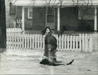 Flood waters in St. Clair Beach forced this resident into hip waders to leave her home with her dog early Saturday morning. [Incomplete]