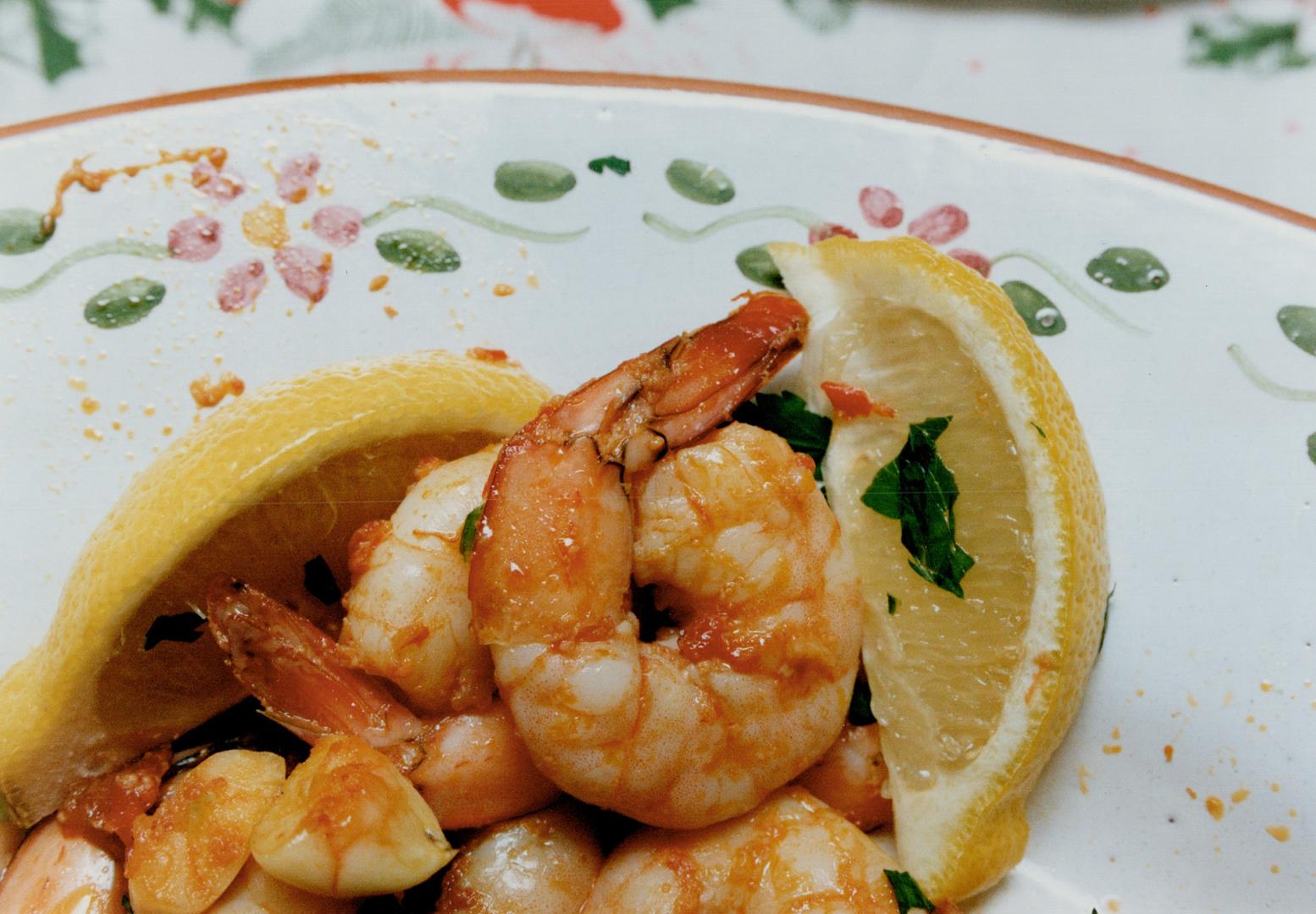 Spicy shrimp. Doused in a hot sauce, these are in Azorean-style rustic appetizer