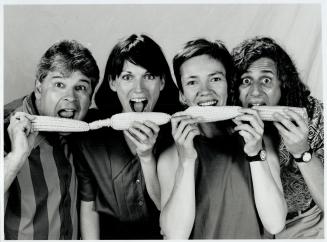 Cornball humor: Our corn testers, from left: restaurateur lan Sorbie, cooking pro Vicki Burns, artist Frances Beaulieu and produce seller Romeo Texeira