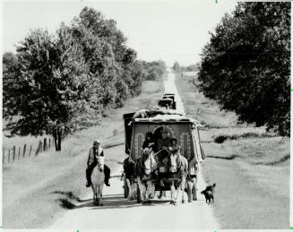 On the road again: The Caravan Stage Company makes its way down a country road near Fergus, with its eight wagons pulled by Clydesdales