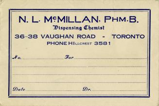 Image shows a blank prescription card from N. L. McMillan, PHM.B. Dispensing Chemist 36-38 Vaug…