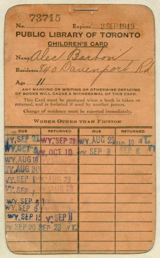 Image shows Toronto Public Library children's card belonging to Alec Barton, 840 Davenport Road…