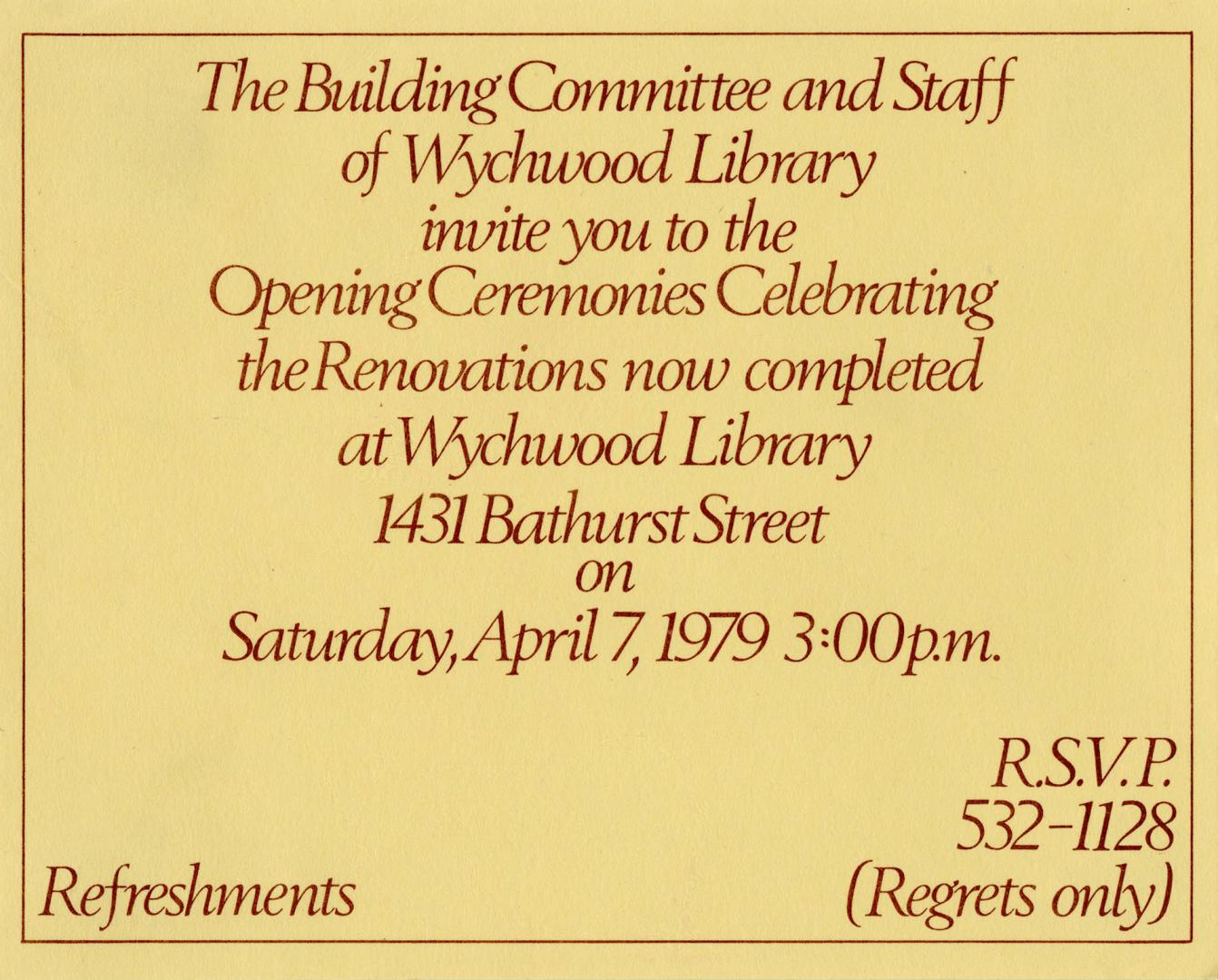 Image shows an invitation card that reads: &quot;The Building Committee and staff of Wychwood L…