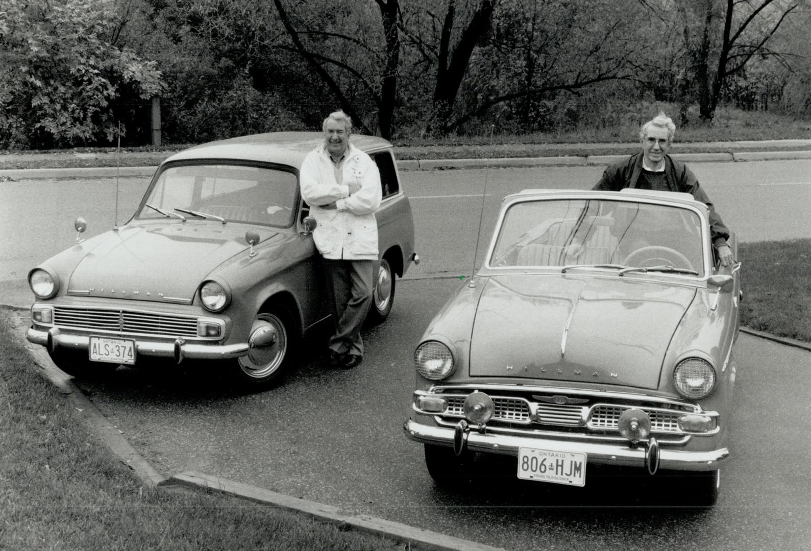 Road Kings: Keith Jennings, left, of Aurora and his twin Ken, of Thornhill, show off their automotive jewels - Keith's '64 Hillman Husky and Ken's '61 Hillman Minx