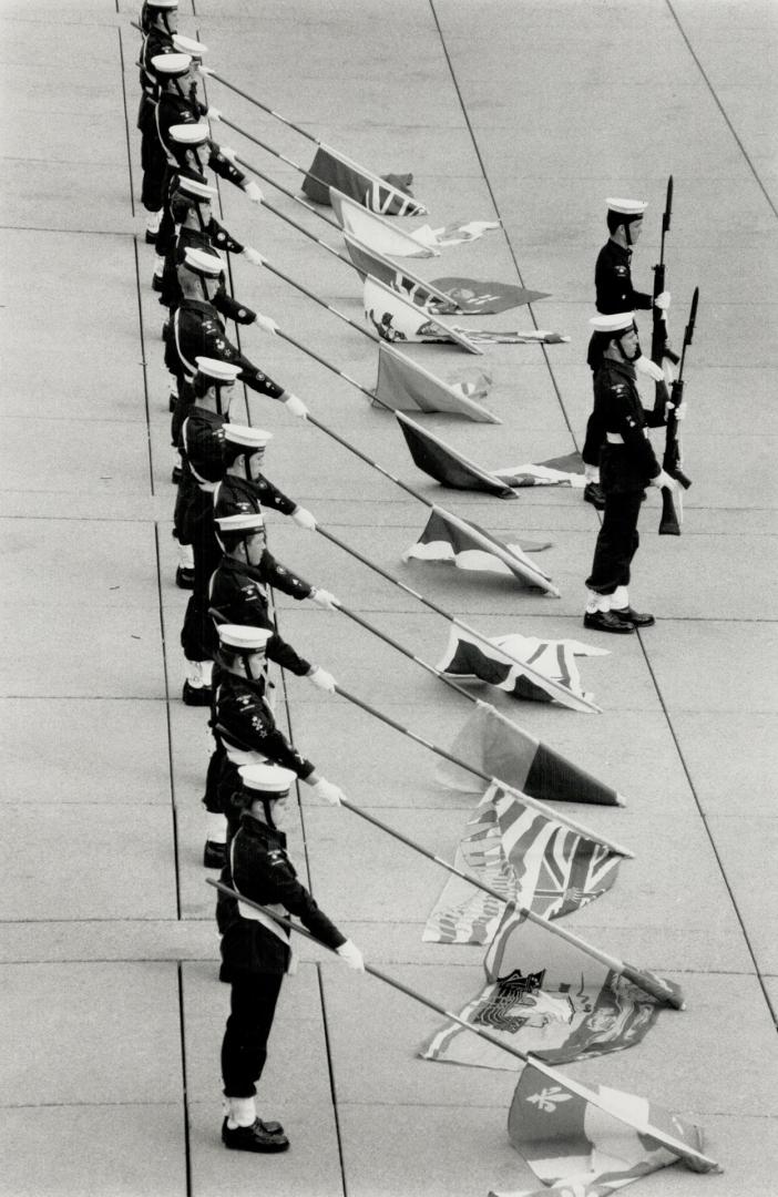 Sea cadets serve on civic square deck, Members of the Royal Canadian Sea Cadet Corps perform their ceremony of the flags yesterday at Nathan Phillips (...)