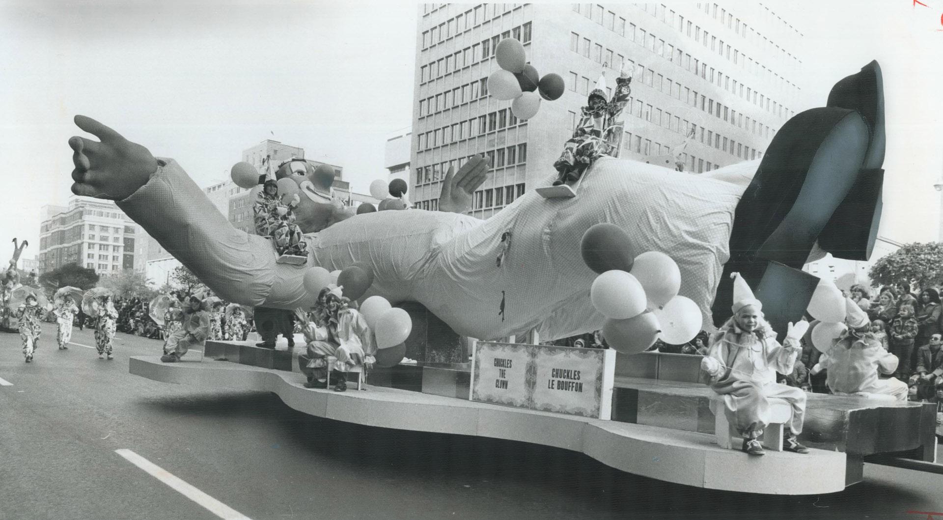 One of the biggest floats carried Chuckles the Clown in the 74th Eaton's Santa Claus Parade