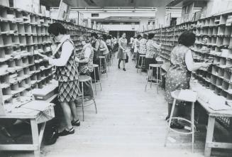 Postal-coded letters, along with those without the code, are popped into the correct pigeon-holes in the mail-sorting racks yesterday in Toronto's dow(...)