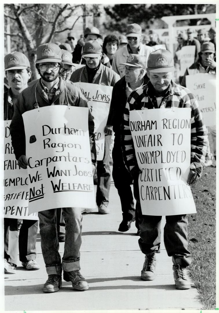 Pickets: About 100 members of the carpenters and joiners union picketed Durham council in Whitby last week to demand work on water plant construction