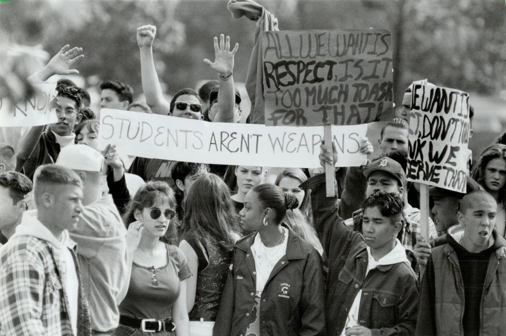 Students protest work-to-rule, Shouting we want respect, Mississauga students at Loyola Catholic Secondary School stage a protest yesterday. [Incomplete]