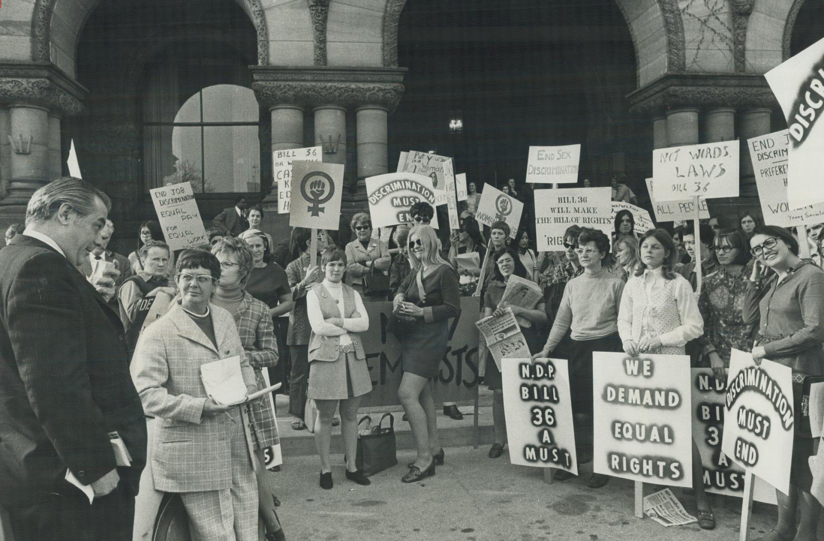 Members of the Voice of Women, Women's Liberation Movement, new Feminists and Young Socialists demonstrated at Queen's Park in April, asking support f(...)