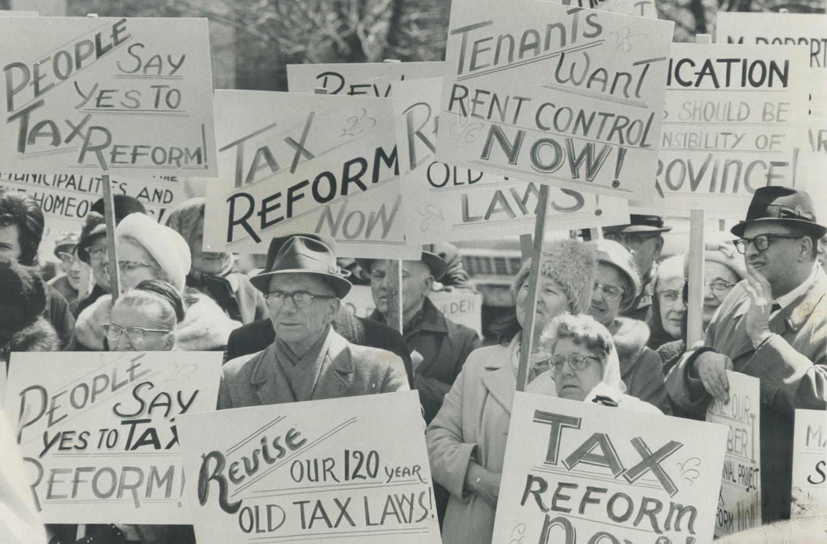 On T Tax Relief, One hundred demonstrators marched on Qu to persuade election-conscious politicians t elderly