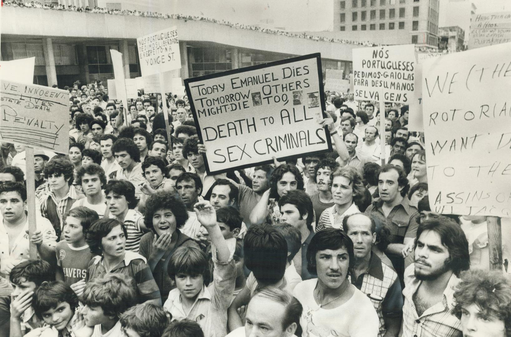 Shouting for vengeance in the death of 12-year-old shoeshine boy Emanuel Jaques, about 15,000 demonstrators gathered yesterday in Nathan Phillips Square and then marched on Queen's Park