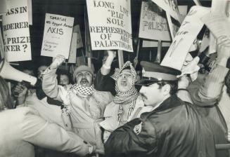 Arabs protest outside Sheraton Centre where Begin attended Trudeau's dinner last night