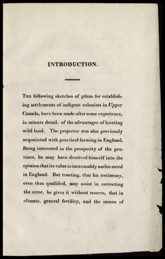 Sketches of Plans for Settling in Upper Canada a Portion of the Unemployed Labourers of Great Britain and Ireland