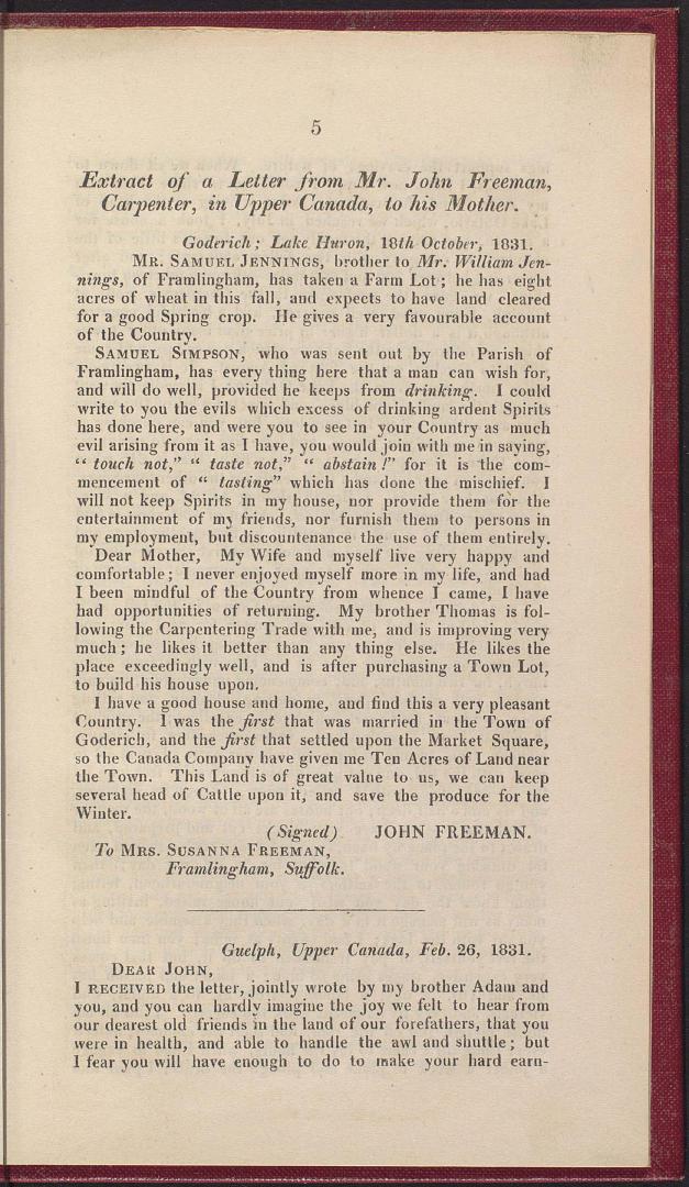 Letters from settlers in Upper Canada, 1831