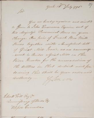 Letter from J. G. Simcoe to John McGill, 16 July 1796.