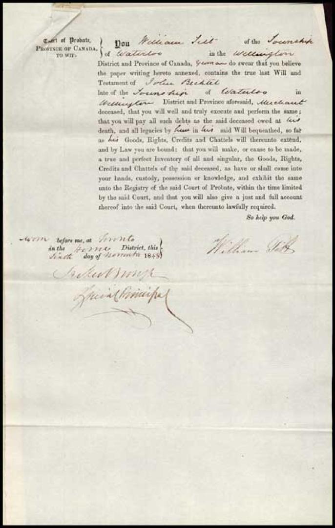 Certificate of the Court of Probate attesting to the validity of the last will and testament of John Bechtel which is hereto annexed. - 2 p.