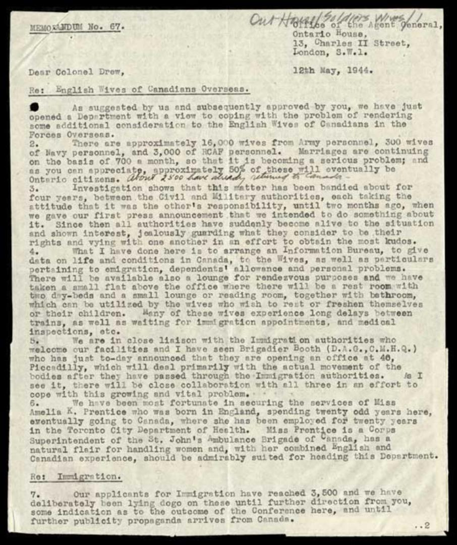 [British wives of Canadian servicemen] : letter re: establishment of Wives Dept.