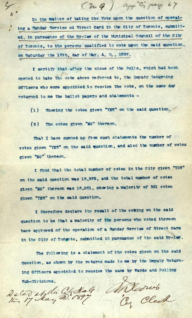 Vote upon the question of operating a Sunday service of street cars