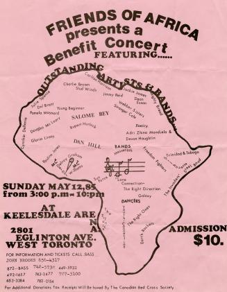 Poster shows a drawing of the outline of the continent of Africa, with the names of the bands a…