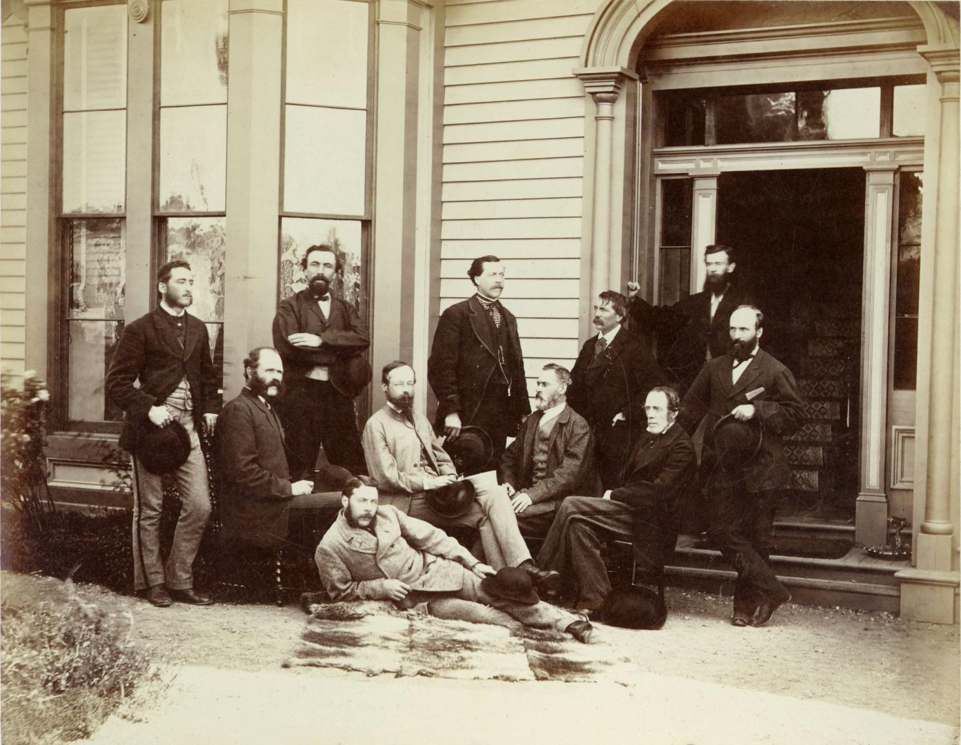 The First Canadian Pacific R.R. and Geological Survey parties for British Columbia, July 22 1871  Left to right : L. N. Rheaumis, Roderick McLennan, A. S. Hall, West West Ireland, Alfred Selwyn, Alex Maclennan, Walter Moberly, C. E. Gilette, James Richardson, -- -- McDonald, George Watt.