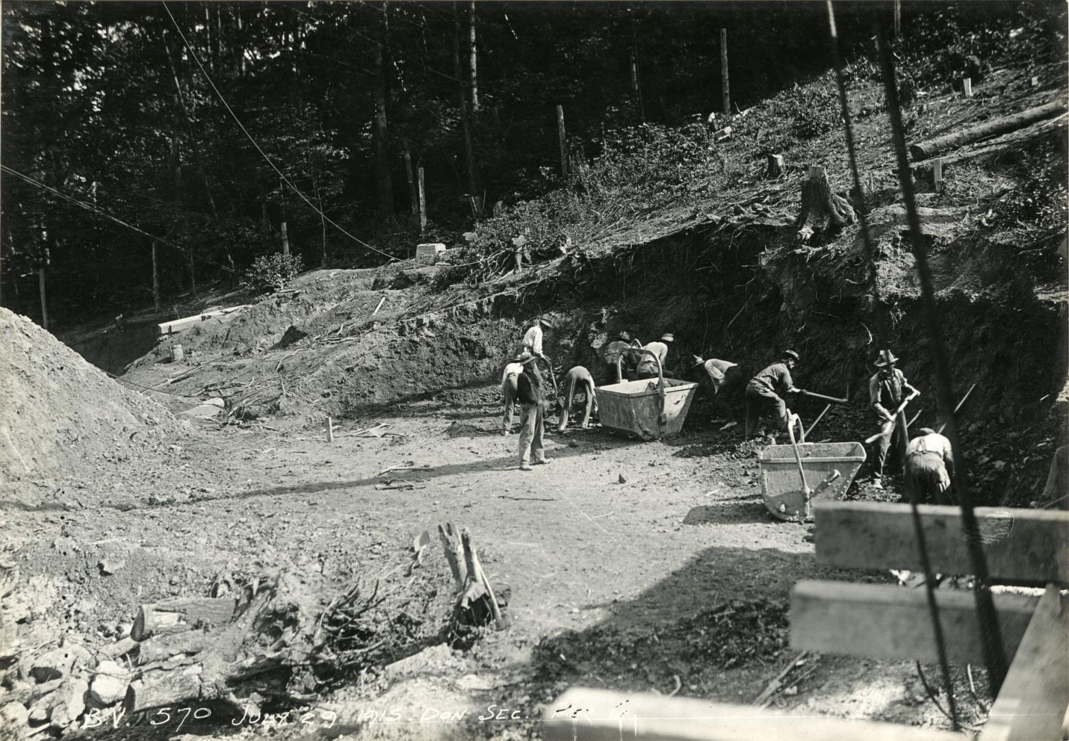 Construction workers digging out bank for pier G, Bloor Street Viaduct