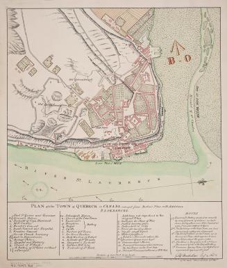 Colour illustrated plan of Quebec City with stylized fleur-de-lis and compass.