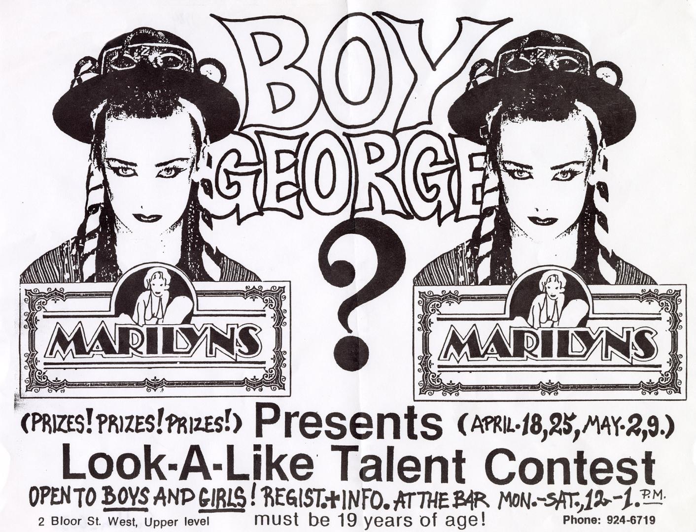 Poster features photographs of Boy George and illustrations of the Marilyn's logo, which includ…