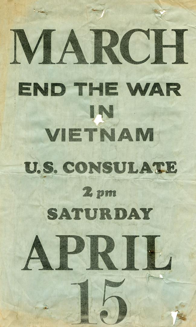 No image. Text reads: March. End the war in Vietnam. US consulate, 3pm, Saturday, April 15.