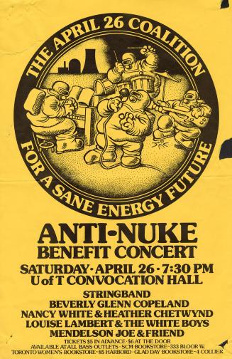 A poster with an illustration of a band playing in hazmat suits with a nuclear power plant in t…