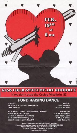 A poster with an illustration of a cruise missile going through a heart with a silhouette of a …