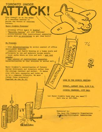 Poster includes an illustration of an airplane labelled &quot;CROMBIE&quot; dropping skyscraper…