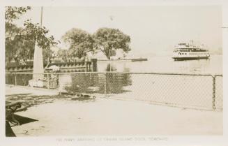 Photo of ferry arriving at a dock with some trees in the background.