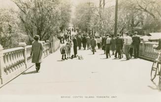 Picture of people walking on a bridge with trees in background. 