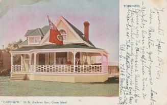 Picture of a two storey cottage with large verandah and Ontario flag.