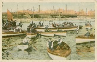 Colourized picture of a group of boats and boaters on the water.